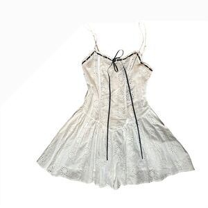 PrettyLittleThing Cottage Core Fairy Dress White Eyelet Black Ribbon‎ Sleeveless